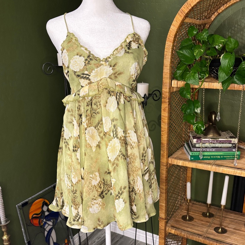 Urban Outfitters Frilly Light Green Babydoll Floral Strap Back Crisscross Dress